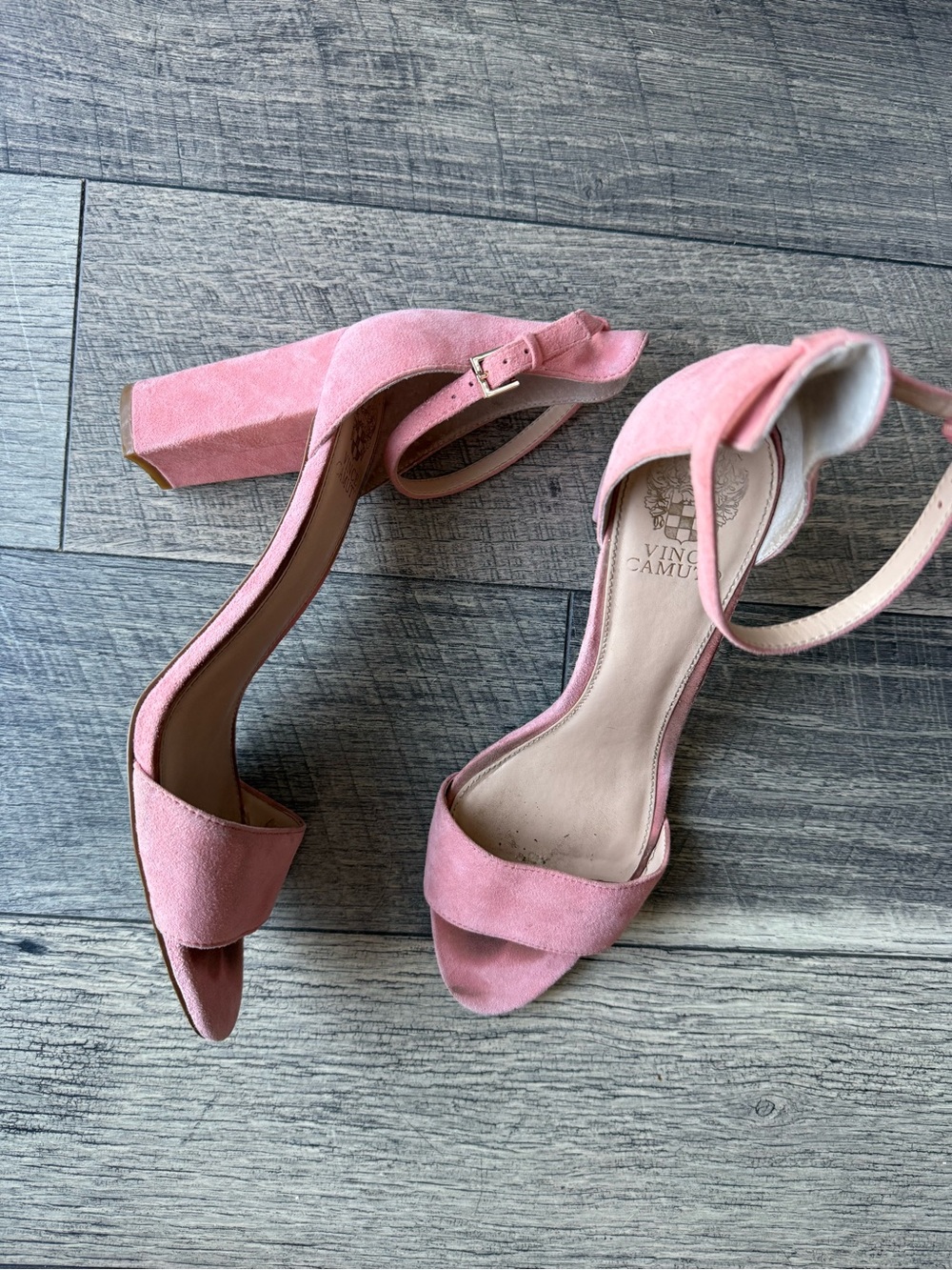 Vince Camuto Blush Pink Suede Block Heel Sandals Ankle Strap Size 11